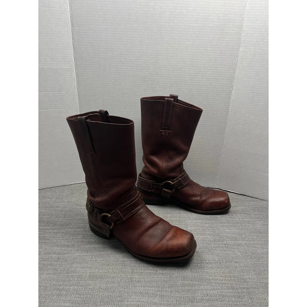 Frye Harness 12R Boots Mens 11 Brown Leather Biker Western Square Toe Distressed